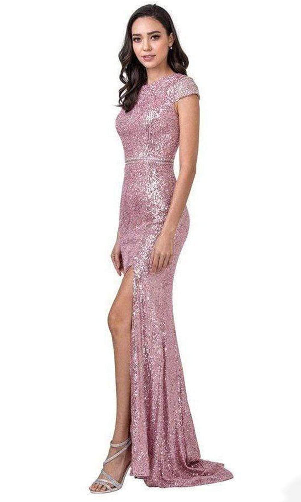 Aspeed Design - L2398 Cap Sleeve Sequined High Slit Dress
