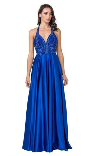 A-line Satin Open-Back Beaded Back Zipper Sequined Flutter Sleeves Sleeveless Halter Plunging Neck Natural Waistline Party Dress with a Brush/Sweep Train