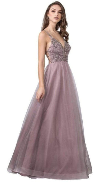 Sexy A-line V-neck Sleeveless Floor Length Natural Waistline Glittering Beaded Back Zipper Open-Back Tulle Evening Dress/Prom Dress with a Brush/Sweep Train With Rhinestones