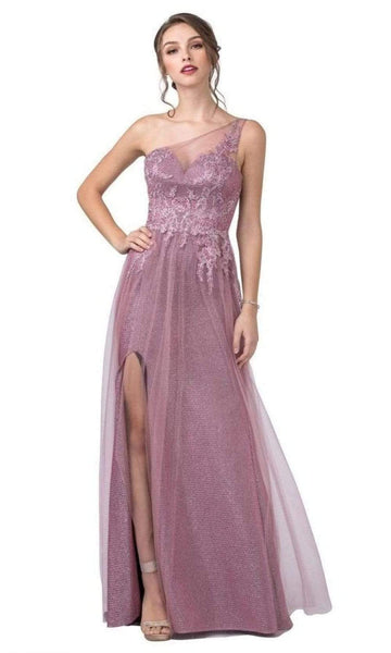 A-line Natural Waistline Tulle Fit-and-Flare Floor Length One Shoulder Sleeveless Sweetheart Asymmetric Fitted Slit Mesh Illusion Open-Back Applique Evening Dress/Party Dress with a Brush/Sweep Train
