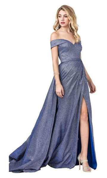 Sophisticated A-line Floor Length Sheath Off the Shoulder Sweetheart Back Zipper Glittering Slit Natural Waistline Sheath Dress with a Brush/Sweep Train