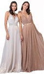 Tall A-line V-neck Plunging Neck Natural Waistline Metallic Floor Length Sleeveless Spaghetti Strap Pleated Back Zipper Flowy Dress with a Brush/Sweep Train