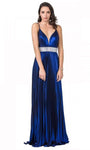 Tall A-line V-neck Metallic Natural Waistline Sleeveless Spaghetti Strap Flowy Back Zipper Pleated Plunging Neck Floor Length Dress with a Brush/Sweep Train