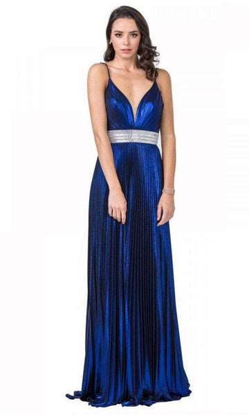 Tall A-line V-neck Metallic Sleeveless Spaghetti Strap Flowy Back Zipper Pleated Plunging Neck Natural Waistline Floor Length Dress with a Brush/Sweep Train