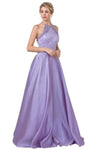 A-line Halter Sleeveless Satin Floor Length Fitted Pocketed Natural Waistline Dress with a Brush/Sweep Train