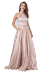 A-line Halter Floor Length Natural Waistline Satin Sleeveless Pocketed Fitted Dress with a Brush/Sweep Train