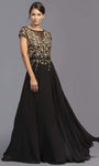 Modest A-line Floor Length Jeweled Neck Natural Waistline Chiffon Illusion Back Zipper Flowy Embroidered Short Sleeves Sleeves Evening Dress/Party Dress with a Brush/Sweep Train