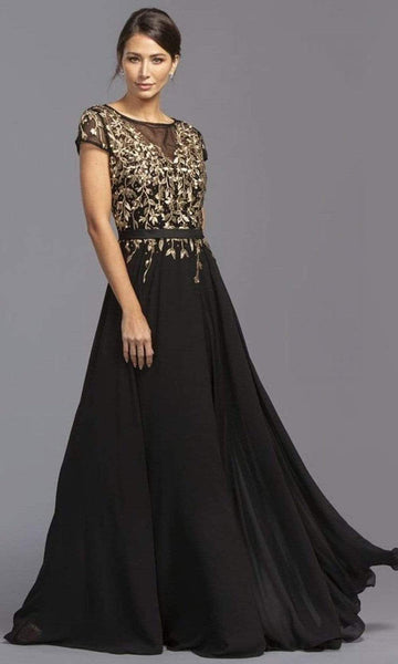 Modest A-line Jeweled Neck Flowy Illusion Embroidered Back Zipper Natural Waistline Short Sleeves Sleeves Floor Length Chiffon Evening Dress/Party Dress with a Brush/Sweep Train