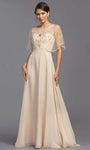 Modest A-line Jeweled Neck Floor Length Natural Waistline Flowy Goddess Sheer Beaded Back Zipper Dress with a Brush/Sweep Train With Pearls