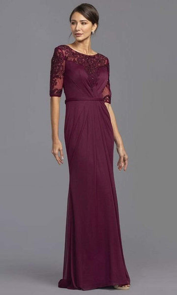 Embroidered Pleated Applique Open-Back Back Zipper Bateau Neck Chiffon Sheer Elbow Length Sleeves Natural Waistline Sheath Sheath Dress with a Brush/Sweep Train With Rhinestones