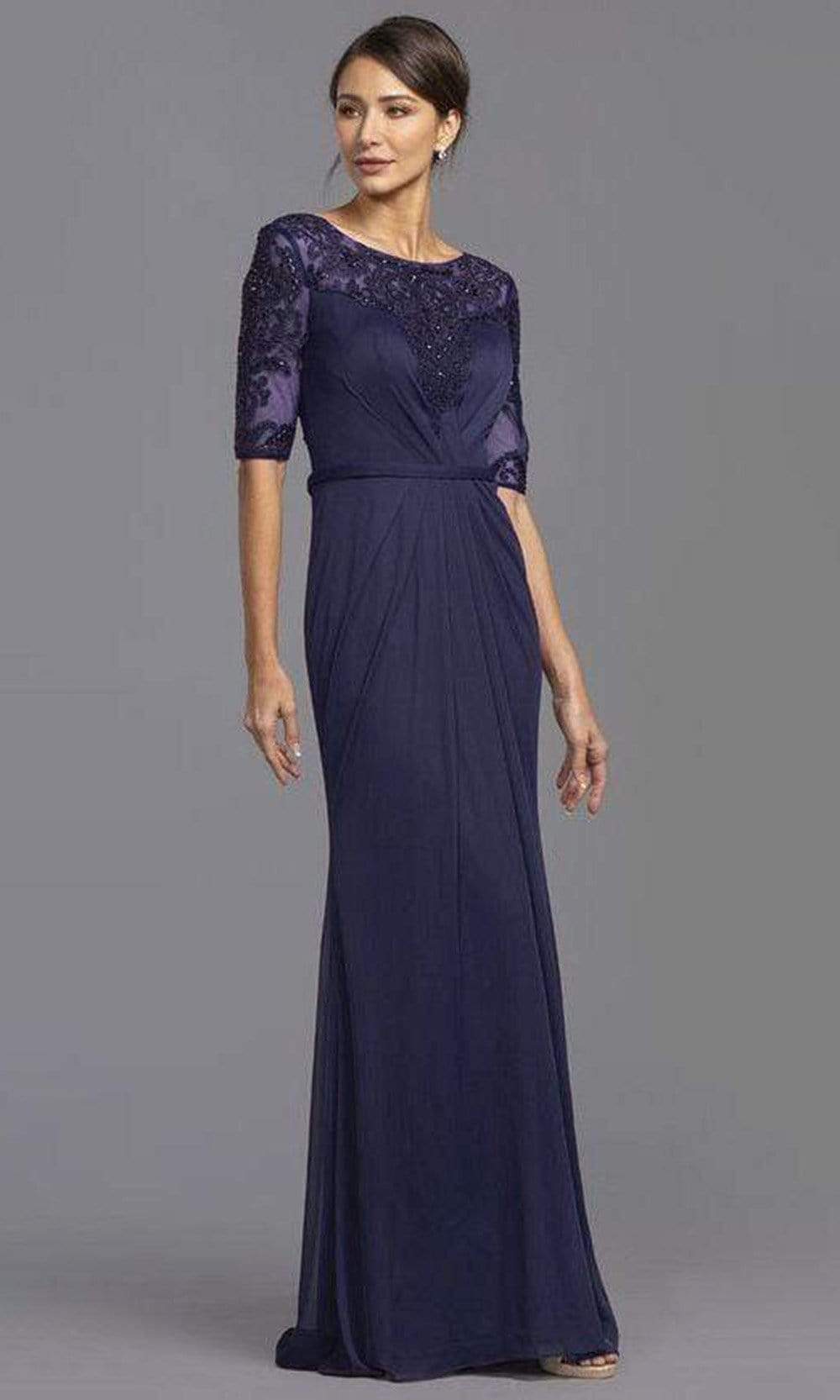 Aspeed Design - M2322 Sheer Sleeve Embroidered Sheath Dress
