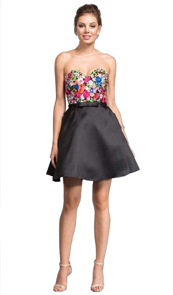 A-line Strapless Sweetheart Back Zipper Fitted Embroidered Belted Cocktail Short Elasticized Natural Waistline Homecoming Dress With a Bow(s)