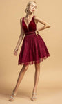 A-line V-neck Natural Waistline Illusion Beaded Back Zipper Open-Back Sheer Draped Sleeveless Short Plunging Neck Dress