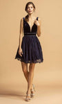 A-line V-neck Plunging Neck Sleeveless Illusion Sheer Open-Back Draped Beaded Back Zipper Natural Waistline Short Dress