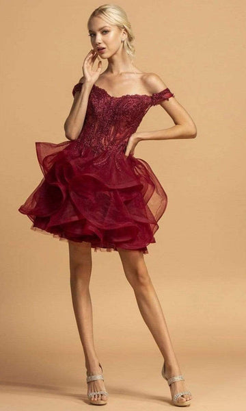 Sexy A-line Corset Natural Waistline Organza Beaded Cutout Short Sweetheart Off the Shoulder Dress With a Bow(s) and Ruffles