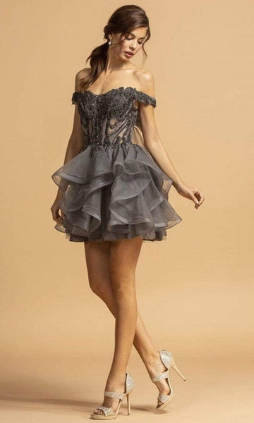 Sexy A-line Cutout Beaded Organza Short Corset Natural Waistline Off the Shoulder Sweetheart Dress With a Bow(s) and Ruffles