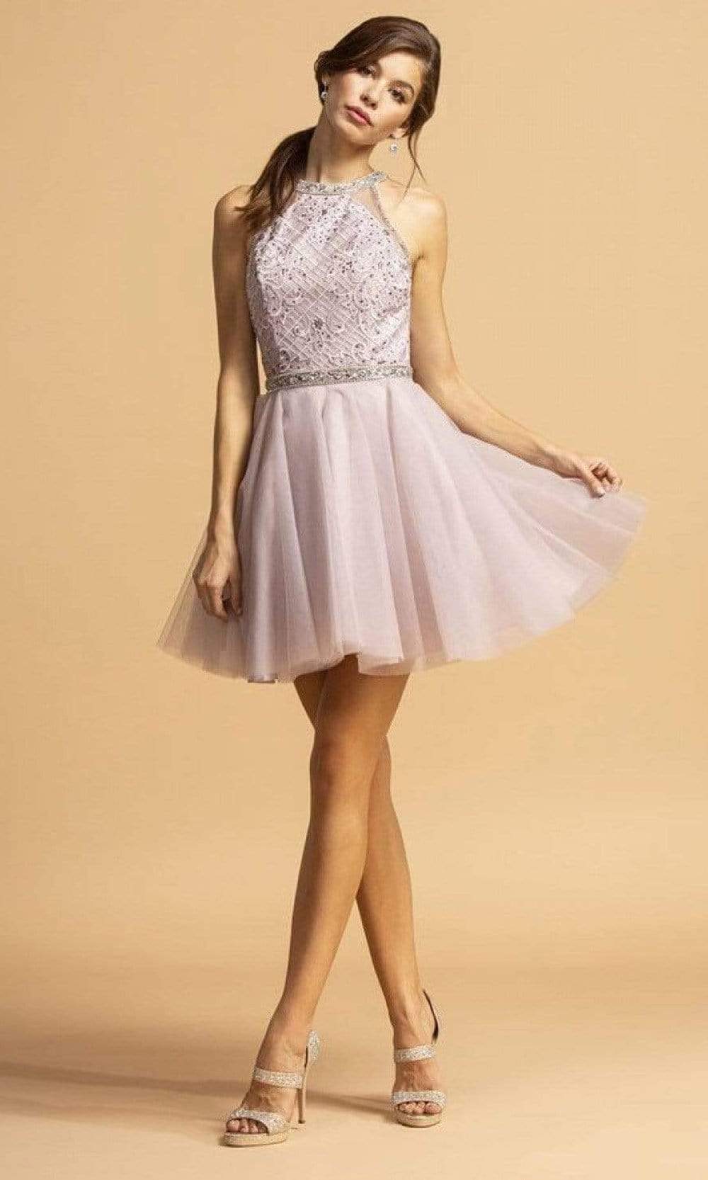 Aspeed Design - S2095 Beaded Halter Tulle Dress
