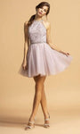 A-line Sheer Beaded Back Zipper Embroidered Sheer Back Natural Waistline Halter Short Dress With Rhinestones