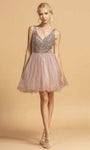 A-line V-neck Plunging Neck Tulle Short Beaded Back Zipper Crystal Natural Waistline Sleeveless Dress