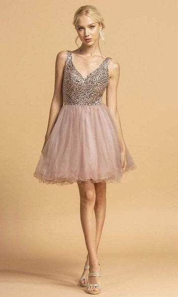 A-line V-neck Natural Waistline Crystal Beaded Back Zipper Tulle Short Sleeveless Plunging Neck Dress