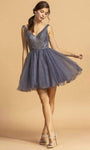 A-line V-neck Tulle Natural Waistline Short Beaded Back Zipper Crystal Sleeveless Plunging Neck Dress