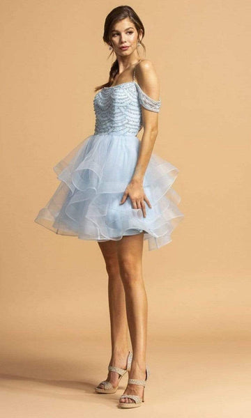 A-line Natural Waistline Beaded Jeweled Cutout Tiered Scoop Neck Tulle Cold Shoulder Sleeves Spaghetti Strap Short Dress