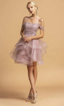 A-line Beaded Jeweled Cutout Tiered Tulle Short Natural Waistline Scoop Neck Cold Shoulder Sleeves Spaghetti Strap Dress