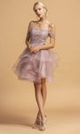 A-line Scoop Neck Cold Shoulder Sleeves Spaghetti Strap Natural Waistline Tulle Short Cutout Beaded Tiered Jeweled Dress