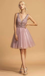 A-line V-neck Beaded Embroidered Fitted Sheer Back Zipper V Back Natural Waistline Plunging Neck Tulle Fit-and-Flare Sleeveless Cocktail Short Dress