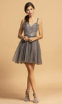 A-line V-neck Natural Waistline Tulle Open-Back Back Zipper Fitted Beaded Fit-and-Flare Short Sleeveless Dress