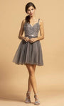 A-line V-neck Natural Waistline Sleeveless Back Zipper Open-Back Beaded Fitted Short Fit-and-Flare Tulle Dress