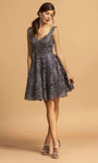 A-line V-neck Short Lace Back Zipper Applique Natural Waistline Dress
