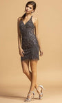 Sexy V-neck Sleeveless Sheath Natural Waistline Cocktail Short Back Zipper Open-Back Beaded Fitted Sheath Dress/Party Dress