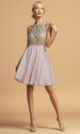 Sexy A-line Flutter Sleeves Sleeveless Short Natural Waistline Halter Chiffon Open-Back Beaded Back Zipper Dress