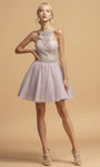 A-line Sleeveless Beaded Belted Back Zipper Fitted Halter Short Fit-and-Flare Natural Waistline Dress