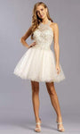 A-line Natural Waistline Halter Sheer Sequined Glittering Back Zipper Illusion Open-Back Beaded Tulle Short Party Dress