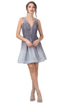 A-line V-neck Plunging Neck Natural Waistline Sleeveless Sheer Illusion Pleated Short Dress