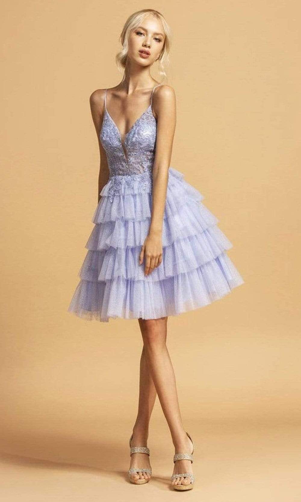 Aspeed Design - S2308 Glittery Tiered Short A-Line Dress
