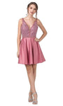 A-line V-neck Natural Waistline Satin Cocktail Short Plunging Neck Sleeveless Open-Back Back Zipper Applique Dress