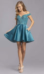 A-line Short Sweetheart Natural Waistline Off the Shoulder Fitted Back Zipper Pocketed Beaded Dress