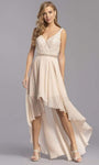 A-line V-neck Back Zipper Beaded Embroidered Applique Natural Waistline Plunging Neck Sleeveless High-Low-Hem Dress