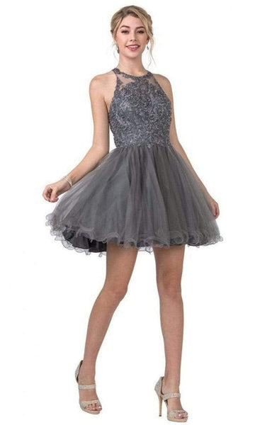 A-line Short Natural Waistline Applique Beaded Illusion Halter Sleeveless Dress