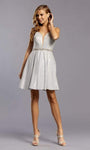 A-line V-neck Short Plunging Neck Sleeveless V Back Glittering Beaded Back Zipper Natural Waistline Dress