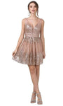 Sexy A-line V-neck Flowy Glittering Open-Back Sequined Sheer Sleeveless Cocktail Short Plunging Neck Natural Waistline Dress