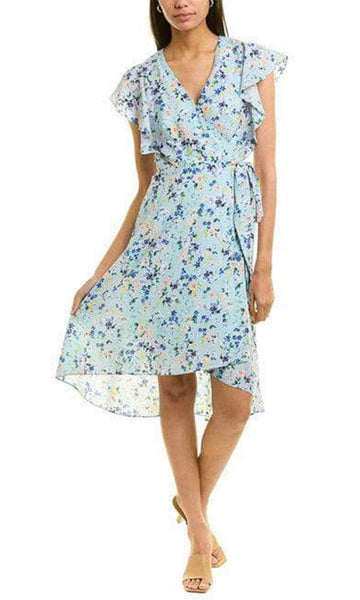 A-line V-neck Wrap Flutter Sleeves Sleeveless Floral Print Above the Knee Natural Tie Waist Waistline Dress