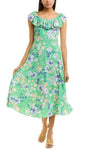 A-line Open-Back Back Zipper Scoop Neck Natural Waistline Ruffle Trim Floral Print Tea Length Dress