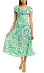 A-line Floral Print Scoop Neck Ruffle Trim Natural Waistline Open-Back Back Zipper Tea Length Dress