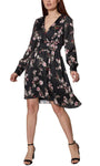 A-line V-neck Natural Waistline Bishop Long Sleeves Floral Print Gathered Back Zipper Short Dress