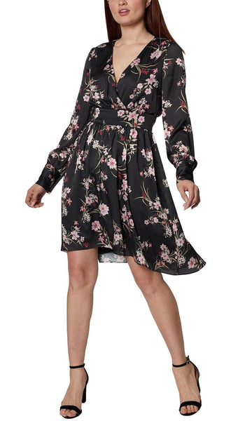 A-line V-neck Short Floral Print Bishop Long Sleeves Gathered Back Zipper Natural Waistline Dress