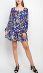 A-line Floral Print Long Sleeves Above the Knee Square Neck Open-Back Back Zipper Flowy Ruffle Trim Empire Waistline Dress